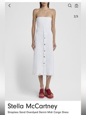 Strapless White Denim Midi Dress with Front Buttons